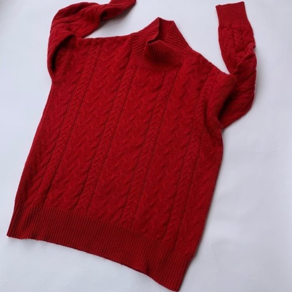 Red 50% Wool Joe Fresh Turtleneck Ribbed Hem Fisherman Aran Sweater size Small - Picture 2 of 8